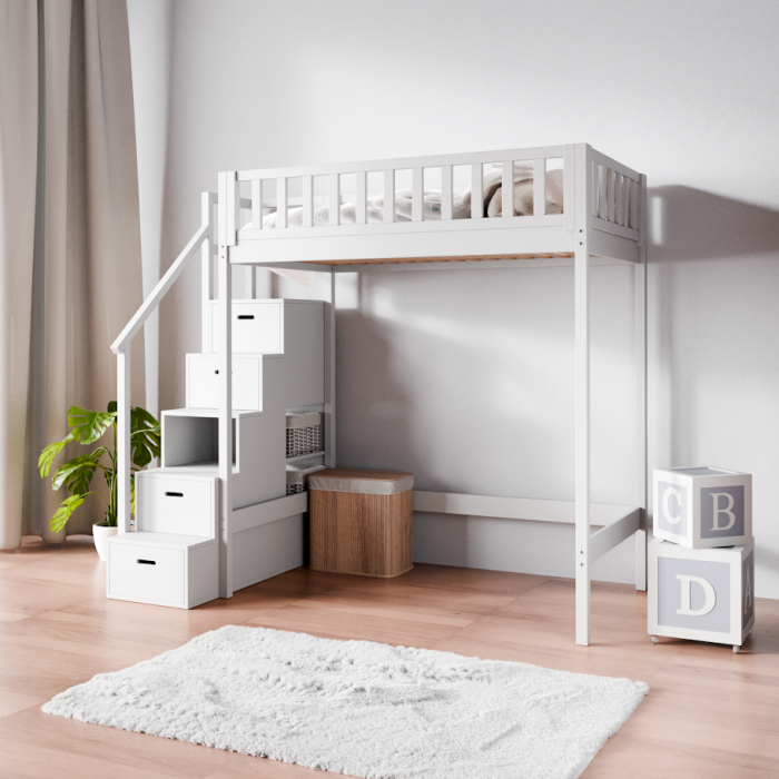 Loftbett mit Treppe 90x200 aus Holz.